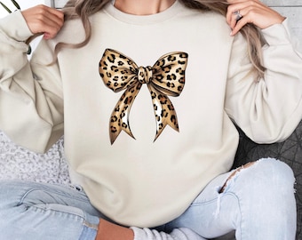 Leopard Coquette Bow Sweatshirt, Coquette Aesthetic Bow Sweater, Leopard Print Bow Sweatshirt, Girly Bow Trending Sweater, Cheetah Bow Shirt