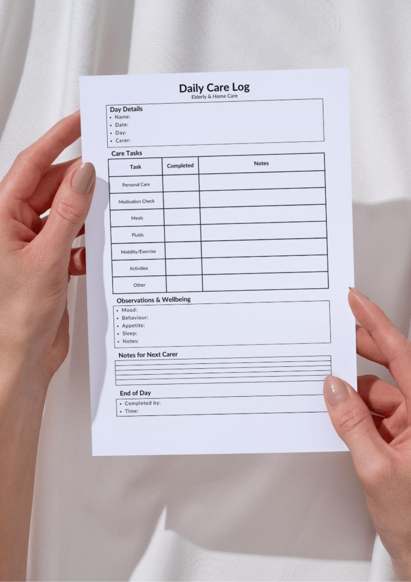 Daily Care Log Printable | Elderly Home Care Record | Carer Daily Notes ...