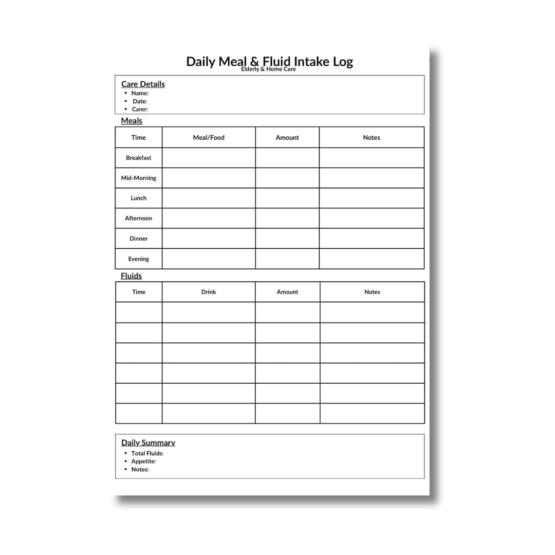 Daily Meal & Fluid Intake Log Printable | Elderly Home Care Food ...