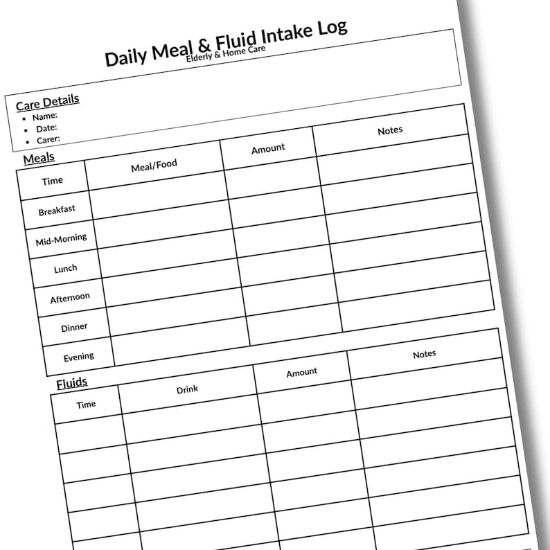 Check Fluids Daily Daily Meal & Fluid Intake Log Printable | Elderly Home Care Food ...
