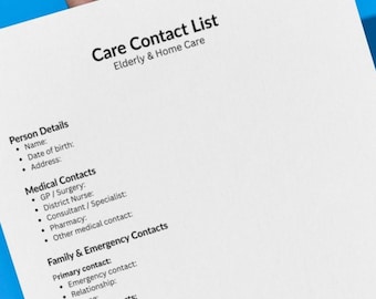 Może przedstawiać: Biała kartka zatytułowana "Care Contact List Elderly & Home Care" z sekcjami na dane osobowe, medyczne i kontaktowe w nagłych wypadkach. Zawiera miejsca na imię, datę urodzenia, adres i numery telefonów. Trzymana przez osobę.