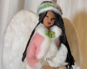 Angel Tree Topper Dark Skinned, Needle Felt Pink Frost with Peace Dove NOTE WAIT TIME