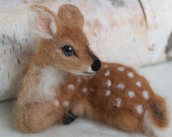 Needle Felted Deer Fawn, Curled Up, Laying Down, Soft Alpaca and Wool, Nature Decor