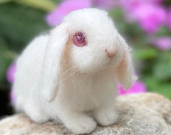 Lop Eared Bunny Needle Felted Rabbit, White Albino, Luxury Pet