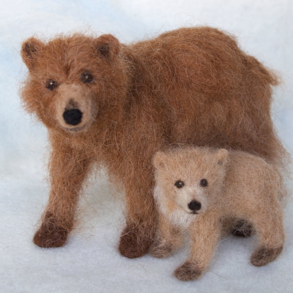 Needle Felted Grizzly Bear Mom and Cub, Brown Bear Forest Animal