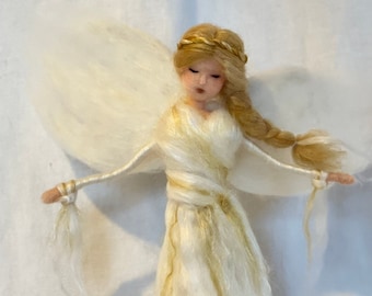 Waldorf Angel Tree Topper Needle Felted Gold and white NOTE WAIT TIME