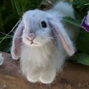 Needle Felted Lop Eared Baby Bunny Rabbit, Grey Angora, Luxury Pet