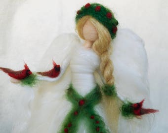 Angel Tree Topper with Red Cardinals, Needle Felt Christmas Memorial, NOTE WAIT TIME