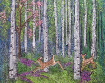 Spring Chalkboard Art, Deer in Birch Forest, Blackboard Drawing 11 by 14
