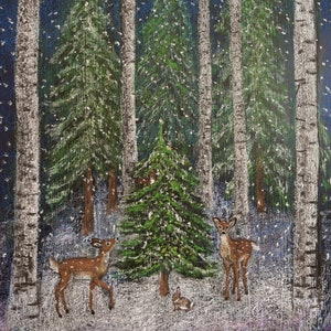 Winter Chalkboard Art, Deer in Birch Pine Forest, Blackboard Drawing 11 by 14