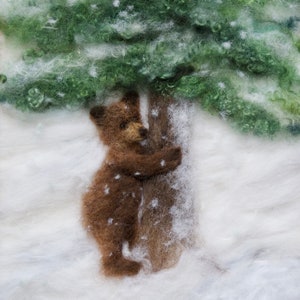 Print of Bear Cub Hugging Pine Wool Painting, 8 by 10 Nursery Art