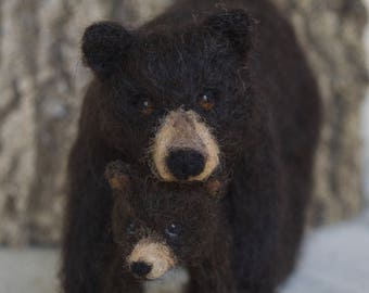 Black Bear Mom and Cub, Needle felt Forest Animal