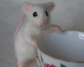 Buy Needle Felted White Mouse, Poseable Realistic Life Sized