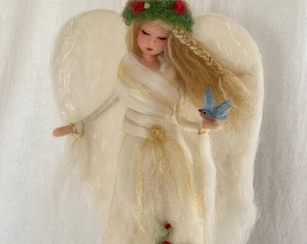 Waldorf Angel Tree Topper Needle Felted , Bluebird Custom NOTE WAIT TIME