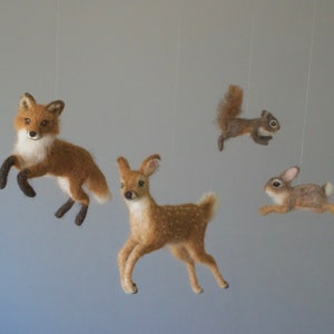 Woodland Mobile Nursery Animals, Needle Felt Deer, Fox, Bunny, Squirrel, Bear Cub, Raccoon, Custom