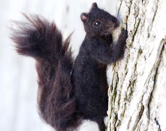 Needle Felted Squirrel Black, Poseable, Realistic, Wool Sculpture