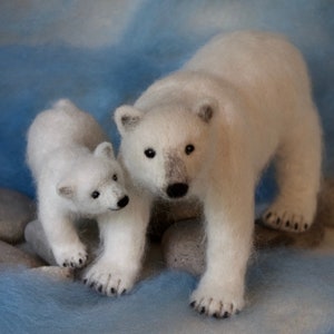 Needle Felted Polar Bear Mom and Cub, Poseable, Soft Wool