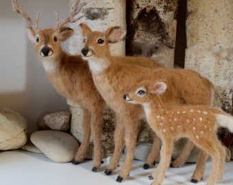 Deer Doe and Buck Needle Felted Pair, White Tailed