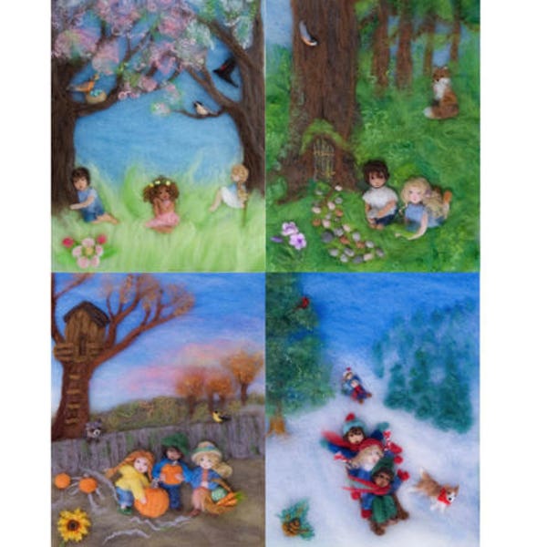 Seasons of Joy, Waldorf Wool Painting Photo Print of Picture Book Illustrations, Set of 4, 5 by 7