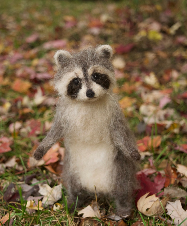 Raccoon Needle Felted Baby, Woodland Baby Animal, Wool Forest Decor, 4 to 5 inches image 1