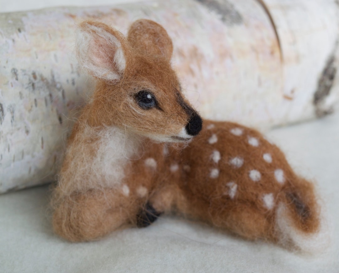 Needle Felted Deer Fawn, Curled Up, Laying Down, Soft Alpaca and Wool