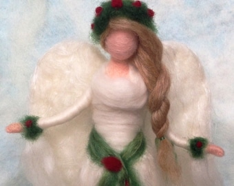 Waldorf Angel Tree Topper Needle Felted , Holly Berry Custom NOTE WAIT TIME