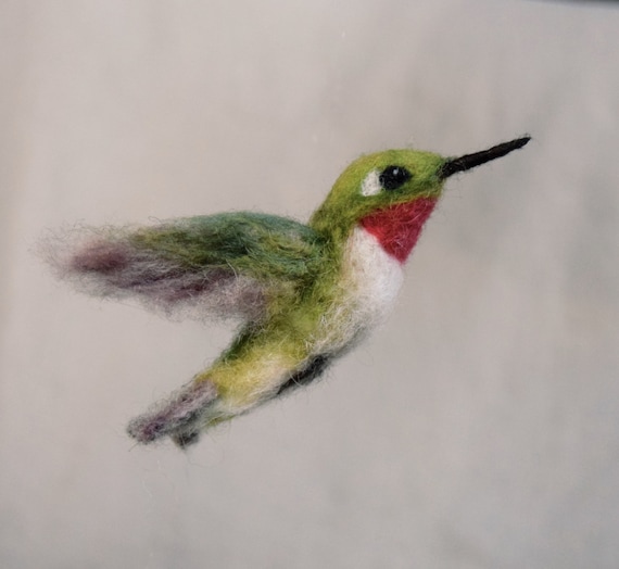 Needle Felted Hummingbird Life-sized Wool Bird Ruby Throated MADE