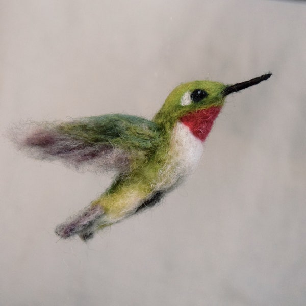 Needle Felted Hummingbird Life-Sized Wool Bird Ruby Throated