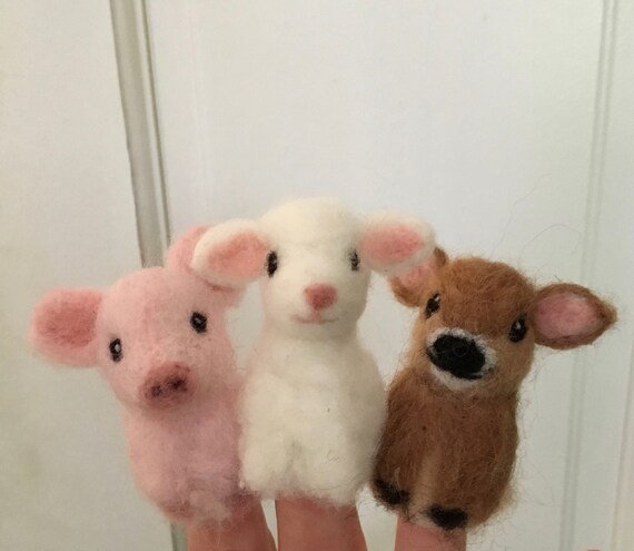 Needle felted finger puppet, Farm Animals, Lamb, Cow, Pig