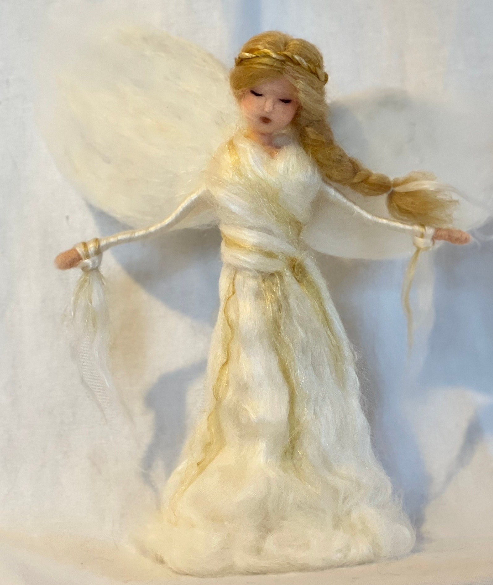 Waldorf Angel Tree Topper Needle Felted Gold and white NOTE WAIT TIME