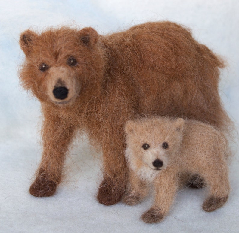 Needle Felted Grizzly Bear Mom and Cub, Brown Bear Forest Animal image 1