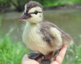 Needle Felted Duckling, brown and yellow, life-sized, soft and fluffy