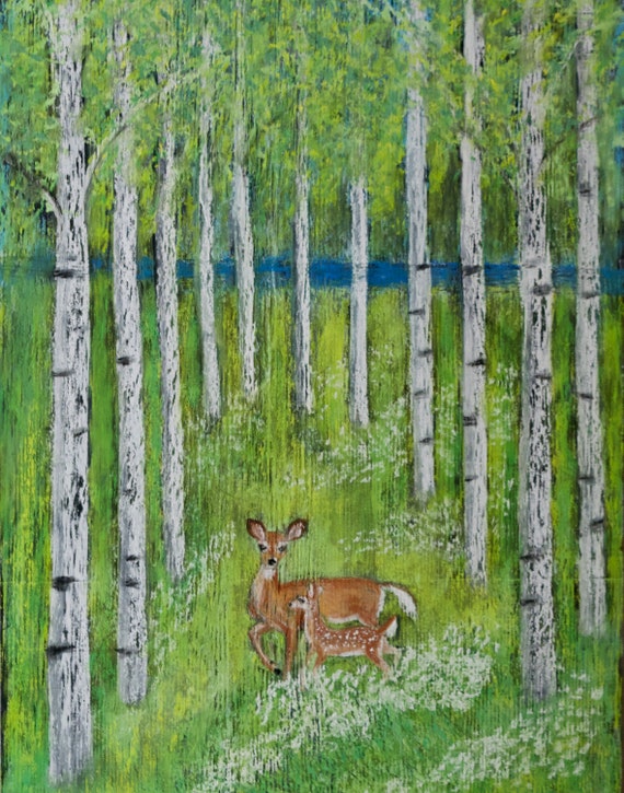 白樺の森の鹿のアートプリント、夏の黒板画（11x14インチ） - Etsy 日本
