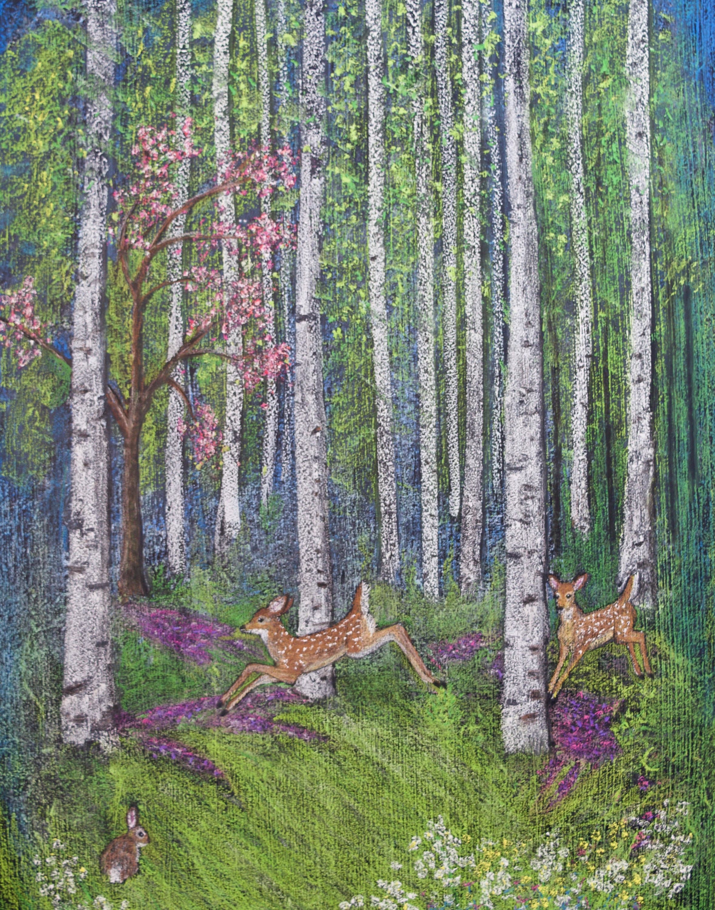 春の黒板アート、白樺林の鹿、黒板の絵 11 x 14 - Etsy 日本