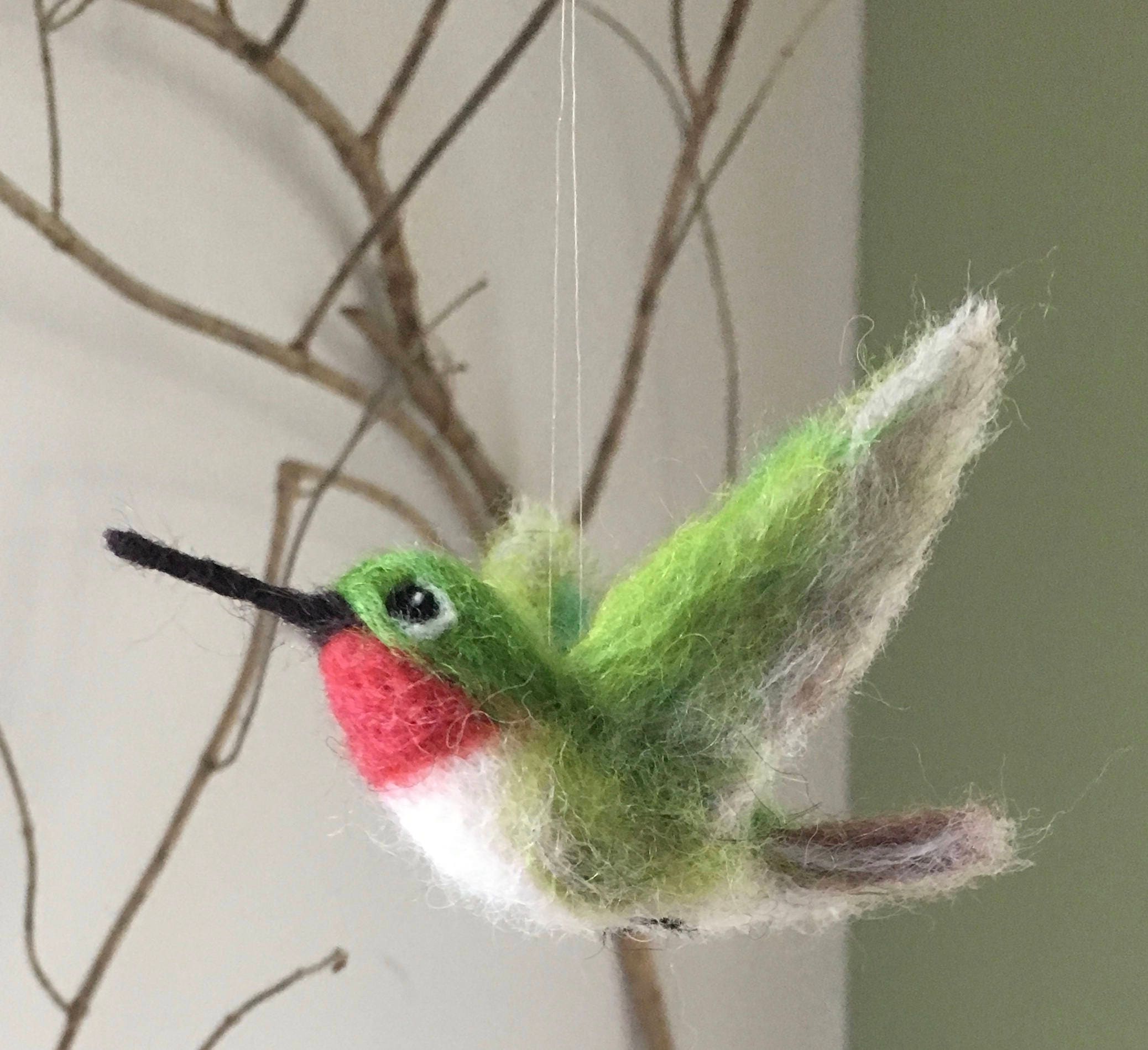 Needle Felted Hummingbird Life-sized Wool Bird Ruby Throated MADE