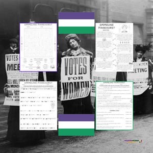 Może przedstawiać: Czarno-białe zdjęcie kobiet trzymających transparenty z napisami „VOTES FOR WOMEN” i „MEETING”. Obraz zawiera również krzyżówkę i dokumenty związane z Emmeline Pankhurst.