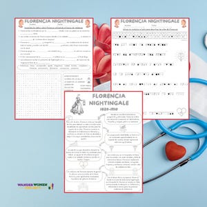 May include: A printable worksheet with a word search, a crossword puzzle, and a timeline about Florence Nightingale, a famous nurse. The worksheet is in Spanish and features a red heart and a stethoscope.
