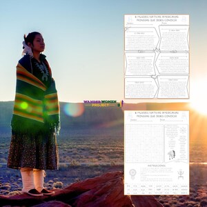 Pode incluir: Uma folha de trabalho imprimível com um caça-palavras e uma lista de 6 mulheres pioneiras nativas americanas. O texto na imagem diz "6 MUJERES NATIVAS AMERICANAS PIONERAS QUE DEBES CONOCER", que se traduz como "6 mulheres pioneiras nativas americanas que você deve conhecer".