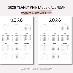 2026 Year Calendar Printable Landscape, Minimalist Calendar, Yearly Wall Calendar, Desk Calendar, Sunday & Monday Start, A4
