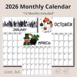 2026 Monthly Calendar Printable Landscape, Minimalist Calendar, Yearly Wall Calendar, Desk Calendar, vintage calendar,cute calendar, A4 size