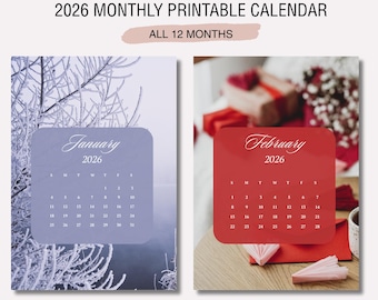 2026 Monthly Printable Calendar, 12 Page Digital Download, Seasonal Wall Art Calendar, Minimalist Aesthetic PDF, Instant Download Planner A4