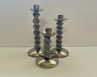 Vintage MCM | Silver Plate Plated | Varying Heights | Spiraling Coiled Design | Candlestick Holders | Candle Holders | Set of 3