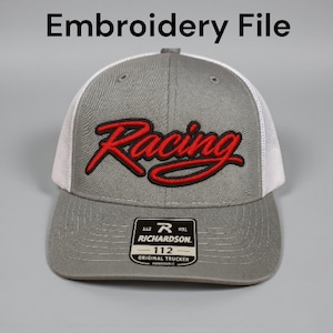Racing Embroidery File 3D & Flat Cursive Logo for Hats 2.25x4.5 inches | Instant Download