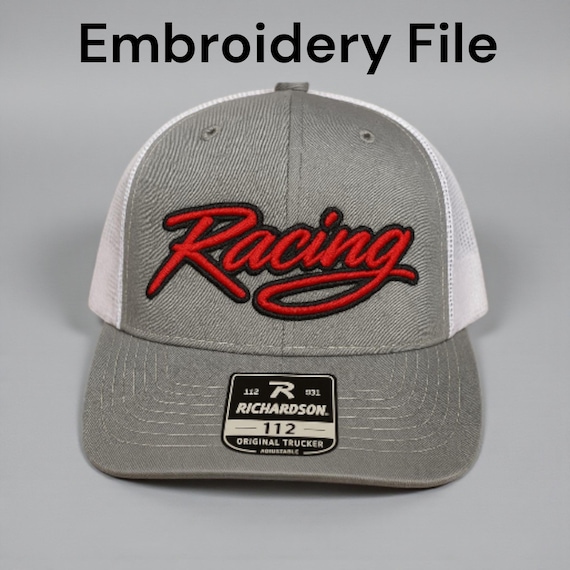 Racing Embroidery File 3D & Flat Cursive Logo for Hats 2.25x4.5 inches | Instant Download
