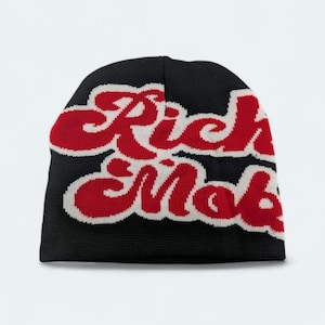 Rich Mob – Black& red Knit Hat, Unisex One Size Fits All, Streetwear Winter Cap