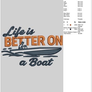 May include: An embroidered design with the text "Life is BETTER ON a Boat" in orange and dark blue. The design includes a boat with a person in it. The image is on a light gray background.