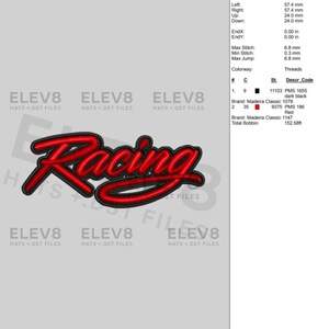 May include: A red "Racing" embroidery design with a black outline, displayed on a light gray background. The design is surrounded by the text "ELEV8 HATS + DST FILES".