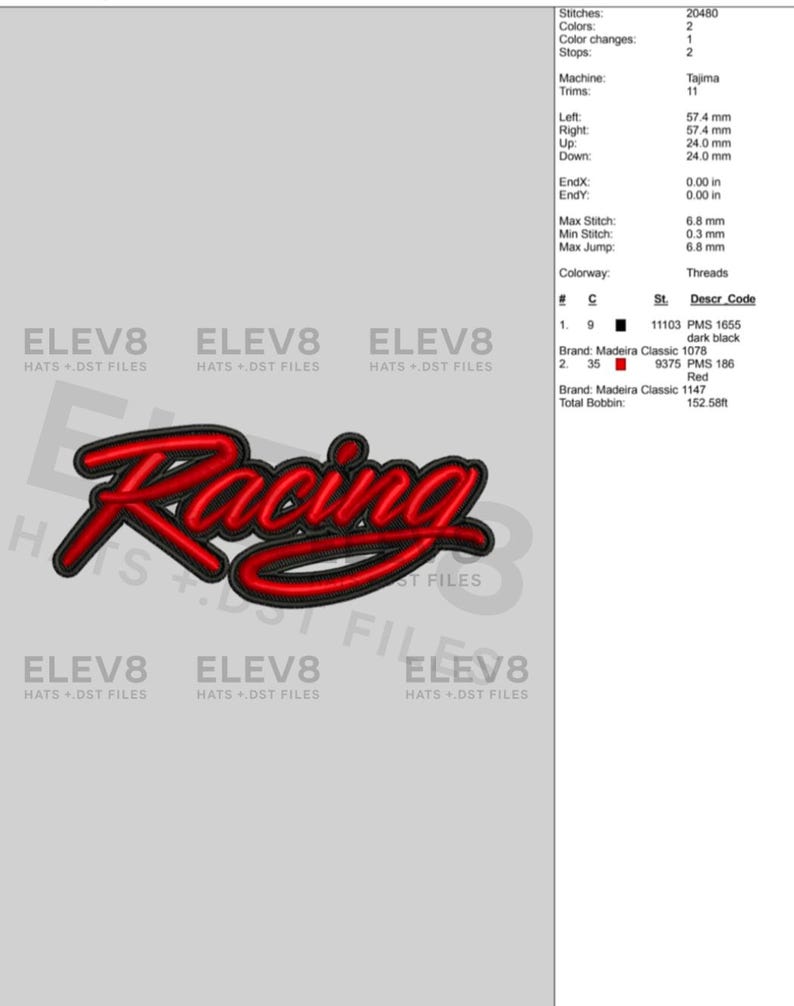 May include: A red "Racing" embroidery design with a black outline, displayed on a light gray background. The design is surrounded by the text "ELEV8 HATS + DST FILES".