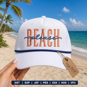 May include: A white baseball cap featuring the embroidered text BEACH in orange block letters with the word please in blue cursive script overlaid. A dark blue rope trim sits above the brim, and a brown paper tag reads Eazy Stitch.