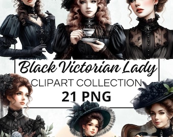 Victoriaanse dame zwarte aquarel clipart bundel, digitale scrapbook & ambachtelijke graphics, uitnodigingen, printables, doe-het-zelf-projecten, Instant Download